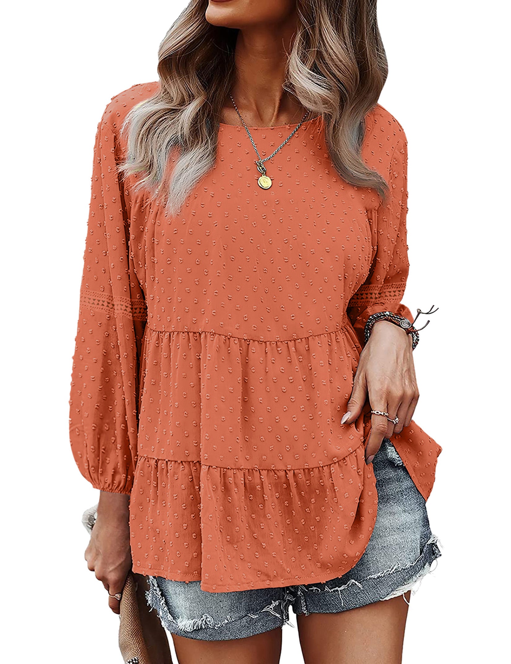 Women's Chiffon Flowy Blouses Long Sleeve Swiss Dot Baby doll Shirts